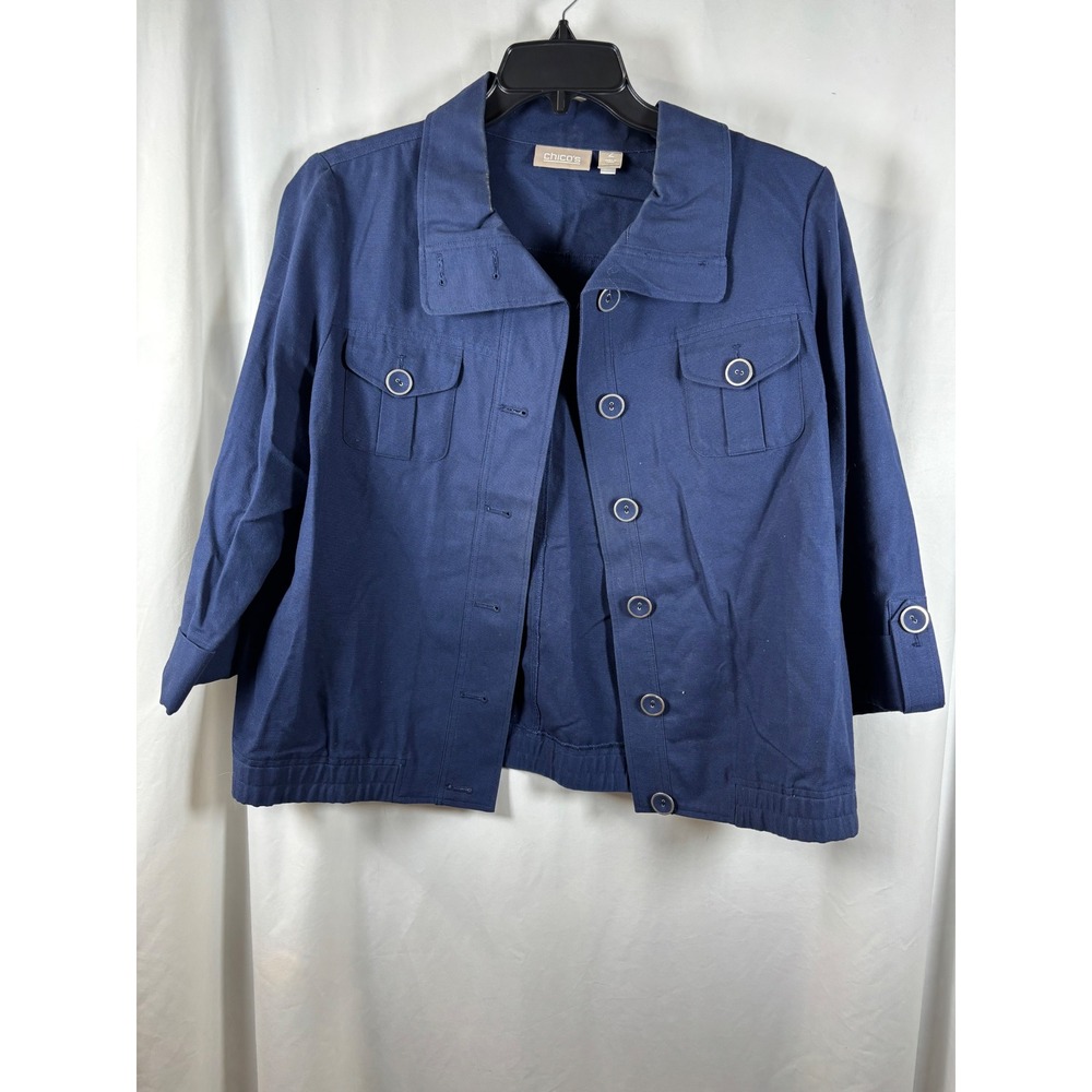 Chicos Navy Blue Cotton Canvas Utility Jacket 3/4 Sleeve Size 2 Large RN79984